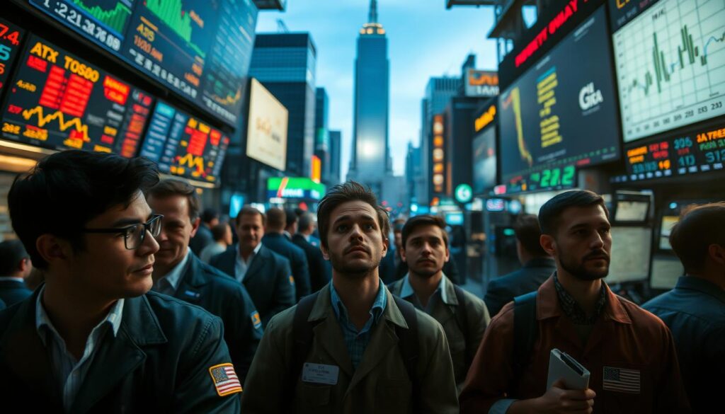 A bustling financial market scene, with traders and investors navigating the complex world of stocks, bonds, and commodities. In the foreground, a group of newcomers to the market, cautiously observing the fast-paced activity, their expressions a mix of curiosity and trepidation. The middle ground is a blur of charts, graphs, and digital displays, casting a dim, technical glow over the proceedings. In the background, a towering skyscraper skyline, conveying the scale and gravity of the financial landscape. The lighting is harsh, creating dramatic shadows and highlighting the intensity of the moment. The camera angle is slightly elevated, giving a bird's-eye view of the scene, emphasizing the complexity and risk inherent in this dynamic marketplace.