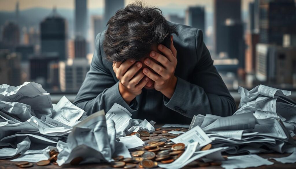 A chaotic scene of financial disaster unfolds, with crumpled documents, scattered coins, and a frustrated investor burying their head in their hands. The background is a blurred cityscape, hinting at the wider economic turmoil. Dramatic lighting casts dramatic shadows, emphasizing the sense of anxiety and stress. The composition is tightly framed, focusing the viewer's attention on the distressed individual's body language and the physical manifestation of their investment mistakes. An overall tone of uncertainty and regret permeates the image, serving as a cautionary tale for those navigating the complex world of stock trading.