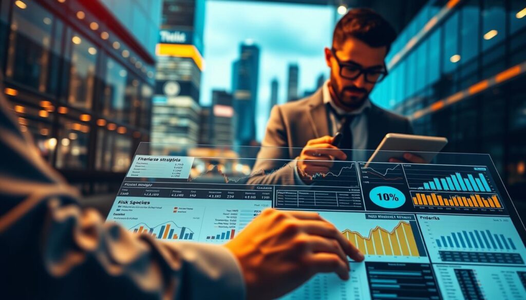 A detailed financial analysis of investment strategies, with a focus on risk management. In the foreground, a holistic dashboard displaying key metrics, charts, and data visualizations. In the middle ground, a financial expert reviewing the analysis, using a tablet or laptop. In the background, a stylized cityscape or stock exchange scene, conveying the dynamic nature of the financial markets. The lighting is warm and professional, with a blend of natural and artificial sources. The overall tone is one of diligent study, informed decision-making, and a thoughtful approach to managing investment risks.