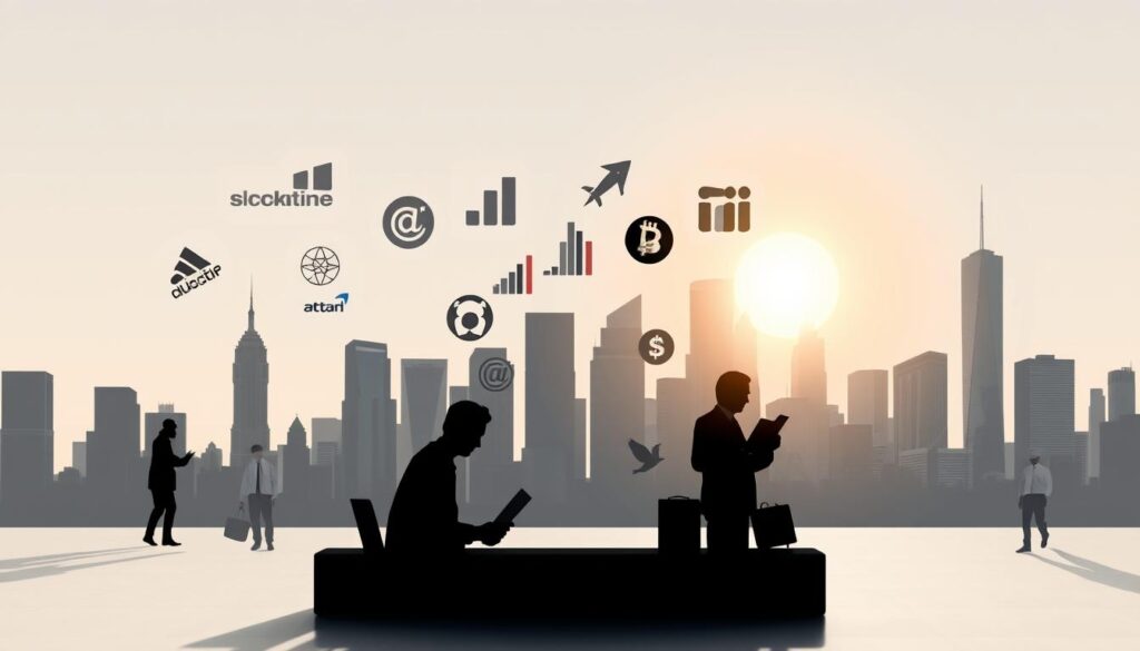 A diverse array of stock types float against a clean, minimalist background. In the foreground, various company logos and symbols representing common stock categories like blue-chip, growth, value, and penny stocks. The middle ground showcases silhouettes of investors analyzing stock charts and financial data, conveying the analytical aspect of investing. In the background, a cityscape with towering skyscrapers and a rising sun, symbolizing the dynamic, ever-changing nature of the stock market. Bright, natural lighting casts a warm, optimistic glow, with a slightly shallow depth of field to focus attention on the central stock type elements. An informative, visually striking image to illustrate the different types of stocks available to investors.
