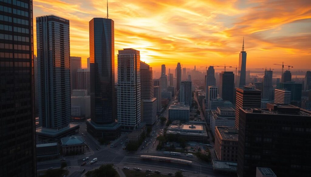 A high-rise cityscape at dusk, with towering skyscrapers casting long shadows across a bustling financial district. In the foreground, a busy intersection with cars and pedestrians, hinting at the constant flow of economic activity. Overhead, a vibrant orange sky with wispy clouds, creating a sense of urgency and dynamism. The scene is bathed in a warm, golden light, reflecting the prosperity and growth of the local economy. In the distance, cranes and construction sites suggest ongoing development and expansion. The overall atmosphere conveys a thriving, evolving economic landscape, ripe for analysis and investment opportunities.