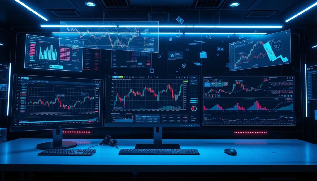 A high-tech trading platform with sleek, minimalist design. Crisp digital displays showcase live market data, trading charts, and customizable interfaces. Intuitive controls and streamlined workflows allow users to monitor, analyze, and execute trades with precision. The platform is bathed in a cool, blue-tinted lighting, creating a sense of futuristic sophistication. Holographic overlays and data visualizations float above the workspace, immersing the user in a cutting-edge trading experience. The overall atmosphere conveys a balance of power, efficiency, and technological prowess - the ideal tools for navigating the dynamic stock market.