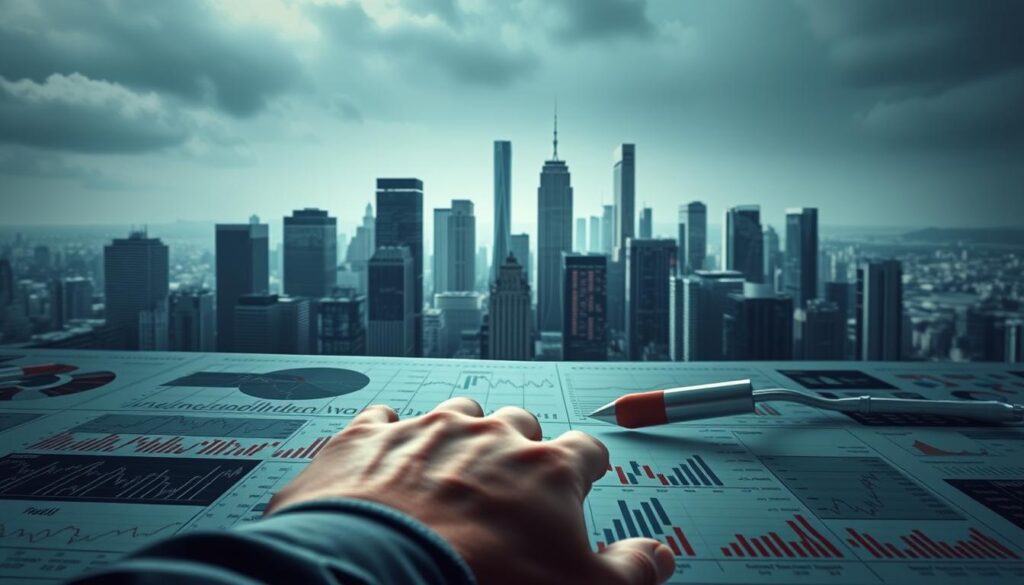 A meticulously composed scene depicting the intricacies of risk management in stock investing. In the foreground, a steady hand carefully navigates a maze of stock charts and financial data, symbolizing the thoughtful approach required. The middle ground showcases a well-balanced portfolio, representing the diversification and prudent allocation strategies. In the background, a stylized cityscape with towering skyscrapers reflects the dynamic nature of the stock market, underscoring the need for diligent risk management. Soft, diffused lighting casts an air of contemplation, while the overall mood conveys a sense of confidence and control in the face of market volatility.