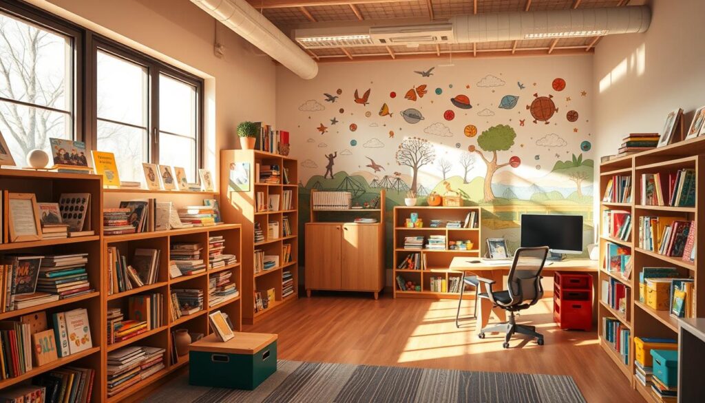 A meticulously designed educational resource room, filled with a diverse array of learning materials. Warm, natural lighting streams through large windows, casting a cozy ambiance. In the foreground, neatly organized shelves display an array of books, interactive educational toys, and hands-on learning aids. The middle ground features a comfortable study area with a modern desk and ergonomic chair, encouraging focused work. The background showcases a vibrant, inspirational wall mural depicting scenes of discovery and intellectual growth. The overall atmosphere evokes a sense of exploration, productivity, and a passion for knowledge.