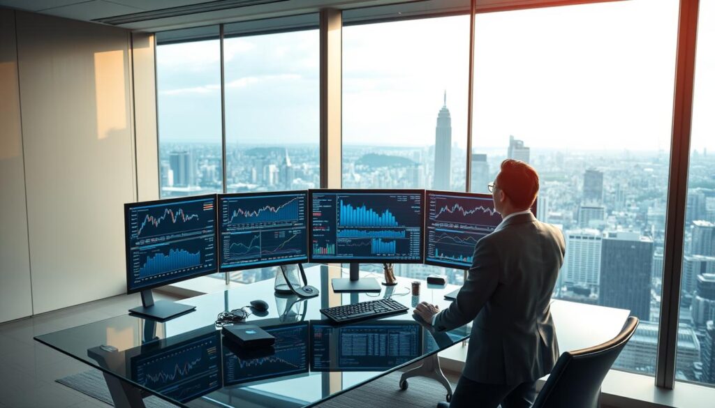 A modern office workspace with a large floor-to-ceiling window overlooking a bustling city skyline. A well-dressed professional stands at a sleek glass desk, intently monitoring a series of financial charts and graphs displayed on multiple high-resolution monitors. The lighting is a warm, ambient glow, creating a contemplative atmosphere. The desk is neatly organized with a keyboard, mouse, and a few strategically placed personal items. In the background, the city skyline is visible through the window, with skyscrapers and a vibrant urban landscape. The overall scene conveys a sense of focused market analysis and careful investment monitoring.