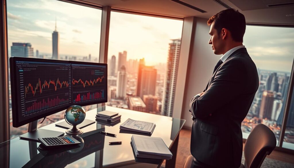 A modern, sleek office setting with a large window overlooking a vibrant cityscape. In the foreground, a well-dressed professional stands at a glass-topped desk, thoughtfully examining financial charts and graphs displayed on a high-resolution monitor. The middle ground features various investment-related objects, such as a calculator, a stack of reports, and a strategically placed globe, conveying a sense of global market engagement. The background showcases the urban landscape, with skyscrapers and a dynamic, bustling atmosphere, reflecting the dynamic nature of the stock market. Warm, directional lighting from the window casts a subtle glow, creating a contemplative and analytical mood. The overall composition suggests a considered, data-driven approach to investment strategies in the stock market.