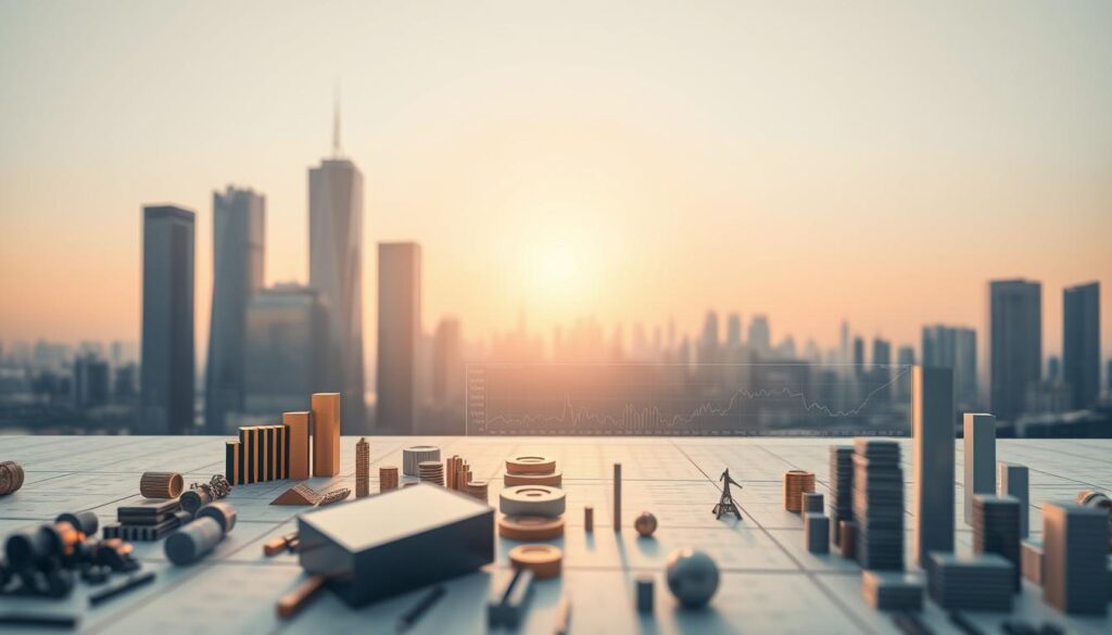 A serene and sophisticated investment strategy landscape. In the foreground, a meticulously crafted portfolio of stocks, bonds, and financial instruments, their shapes and colors reflecting the dynamism of the market. In the middle ground, a data visualization dashboard displays real-time analytics, guiding the investor's decisions. The background features a minimalist cityscape, with towering skyscrapers and a tranquil, azure sky, symbolizing the scale and grandeur of the financial world. Soft, diffused lighting casts a warm, pensive glow, creating an atmosphere of contemplation and careful deliberation. The composition conveys a sense of control, foresight, and the pursuit of long-term wealth creation.