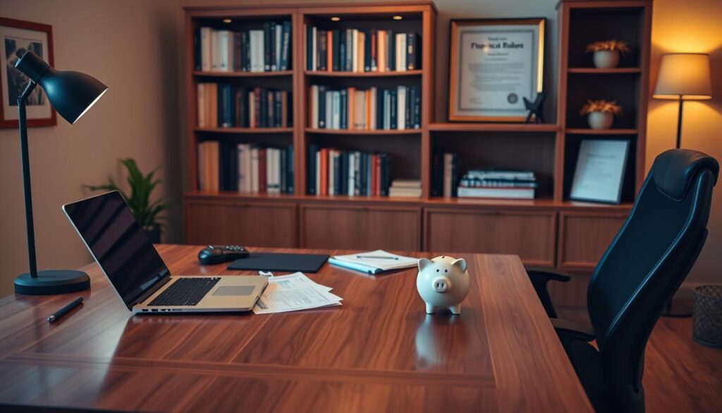 A serene home office setting, with a large wooden desk and an ergonomic chair. On the desk, a laptop, some financial documents, and a piggy bank. Warm, soft lighting illuminates the space, creating a cozy and focused atmosphere. In the background, a bookshelf filled with finance-related books and a framed diploma or certificate, signifying the importance of financial education. The overall composition conveys a sense of organization, diligence, and the individual's commitment to their financial well-being.