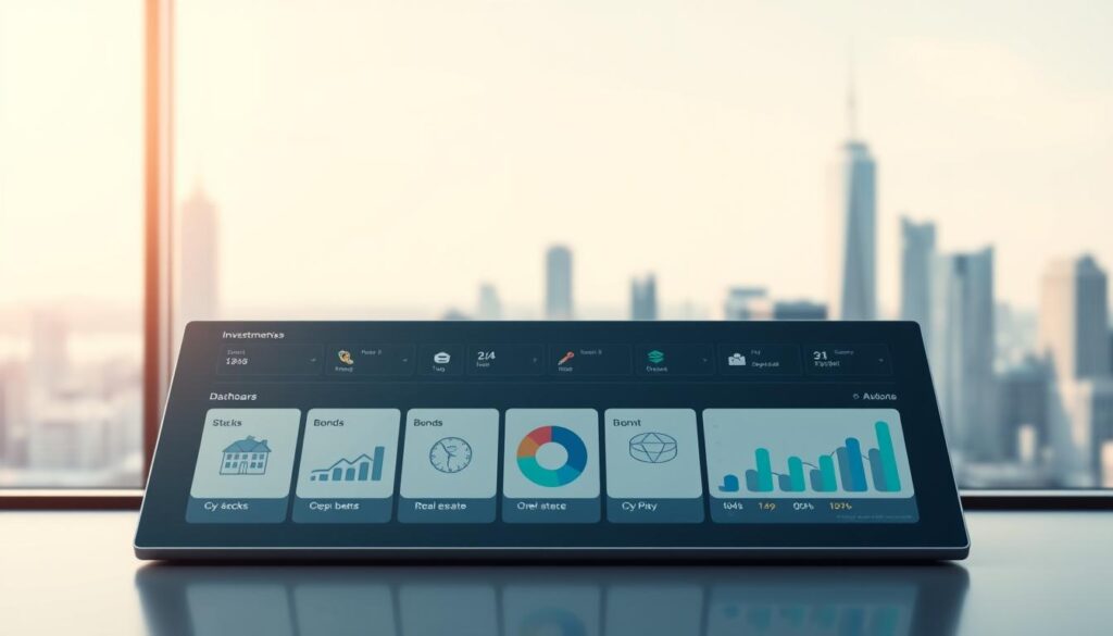 A sleek, modern financial dashboard showcasing a range of investment options. In the foreground, a clean, minimalist interface displays icons and graphs representing different asset classes like stocks, bonds, real estate, and cryptocurrencies. The middle ground features a larger visualization, perhaps a pie chart or bar graph, highlighting the diversity of investment opportunities. The background subtly conveys a sense of sophistication with a blurred cityscape or abstract geometric patterns, evoking the dynamic nature of the financial markets. Soft, directional lighting casts a professional, authoritative atmosphere, while the overall composition is balanced and visually appealing, guiding the viewer's attention to the core investment options.