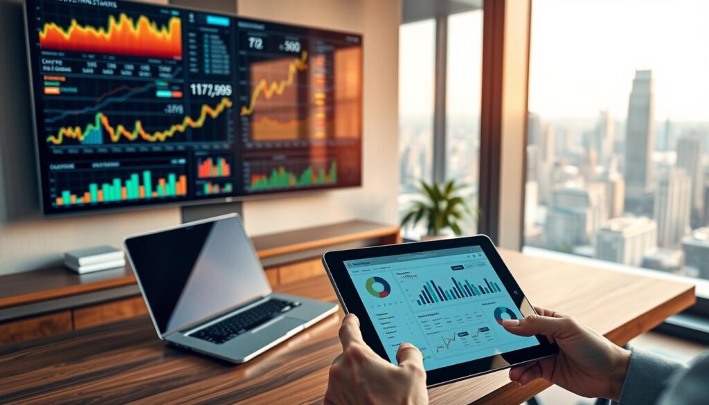 A sleek, modern office setting with a stylish wooden desk, a laptop, and various financial charts and graphs displayed on a large wall-mounted monitor. In the foreground, a person's hands are manipulating a tablet, revealing a screen filled with investment strategies and portfolio analysis tools. The lighting is warm and focused, creating a professional and contemplative atmosphere. The background features a panoramic window overlooking a bustling city skyline, symbolizing the global nature of investment strategies. The image conveys a sense of strategic planning, data-driven decision making, and the pursuit of financial success.