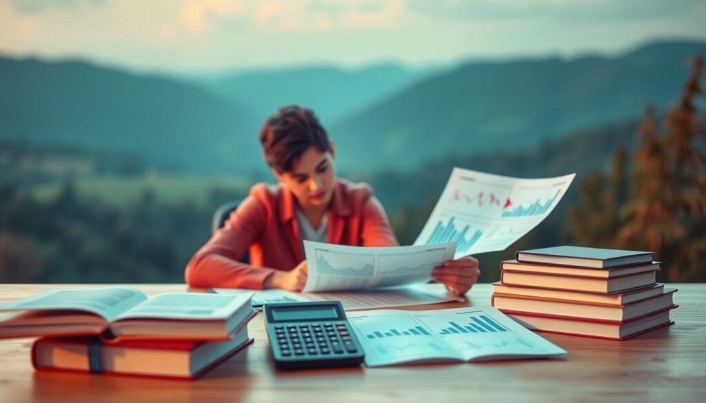 A tranquil scene of financial education, with a serene landscape in the background. In the foreground, a person sits at a desk, studying financial charts and graphs with a focused expression. The middle ground features a stack of books and a calculator, symbolizing the tools of financial literacy. Soft, warm lighting illuminates the scene, creating a contemplative and informative atmosphere. The overall composition conveys the importance of financial education, guiding the viewer towards a deeper understanding of investment strategies and personal finance.