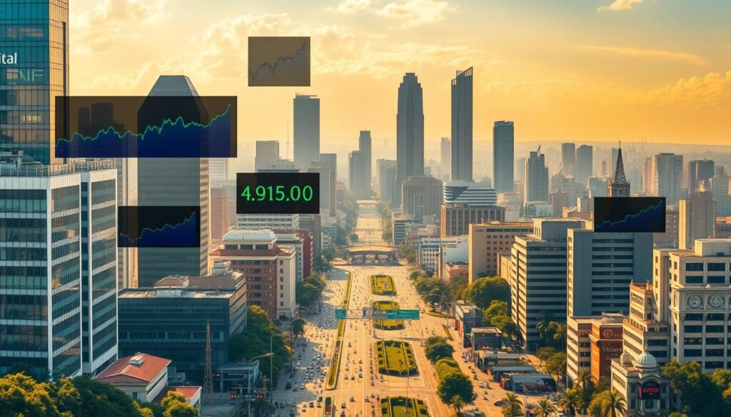 A vibrant cityscape of São Paulo, Brazil, with towering skyscrapers and bustling streets. In the foreground, a selection of stock tickers and financial graphs hover in the air, highlighting the performance of the top Brazilian equities. The mid-ground features a diverse range of businesses, from tech startups to industrial conglomerates, reflecting the breadth of the Brazilian economy. The background showcases the iconic Avenida Paulista, bathed in warm, golden light, creating a sense of prosperity and growth. The overall scene conveys the dynamism and potential of the Brazilian stock market, inviting the viewer to explore the "melhores ações brasileiras" for investment opportunities.