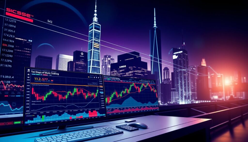 A vibrant, high-contrast image of a technical stock market analysis, showcasing a sleek, modern display with dynamic charts, graphs, and data visualizations. The foreground features a clean, minimalist interface with intuitive controls and interactive elements, while the background depicts a dramatic cityscape with towering skyscrapers, conveying the scale and significance of the financial markets. The lighting is crisp and directional, casting sharp shadows and highlights to accentuate the depth and dimensionality of the scene. The overall mood is one of precision, power, and technological sophistication, reflecting the analytical and data-driven nature of technical stock analysis.