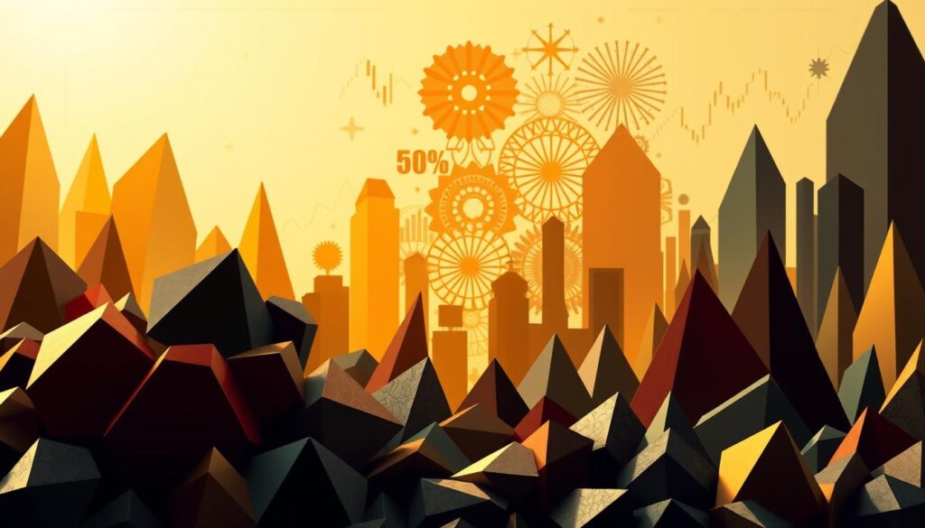 A well-diversified investment portfolio featuring a dynamic array of stocks, each represented by distinct shapes, textures, and colors. In the foreground, a cluster of bold geometric forms symbolize various equity options, their angles and edges conveying the dynamism of the stock market. In the middle ground, a tapestry of intricate patterns and overlapping silhouettes suggest the complexities of analyzing financial data and making informed investment decisions. The background is bathed in a warm, golden light, evoking a sense of growth, opportunity, and long-term prosperity. Subtle hints of financial charts and graphs add technical depth, while an overall sense of balance and harmony reflects the thoughtful approach to building a successful portfolio.