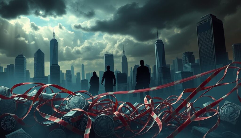 Prompt A complex landscape depicting the intersection of regulatory and political risks, set against a backdrop of towering skyscrapers and a turbulent sky. In the foreground, a tangled web of bureaucratic red tape and government seals symbolizes the maze of regulations and policies that businesses must navigate. In the middle ground, shadowy figures representing political interests clash, casting ominous shadows over the financial district. The overall atmosphere conveys a sense of uncertainty and unease, with dramatic lighting and a moody color palette evoking the high-stakes nature of these regulatory and political risks.